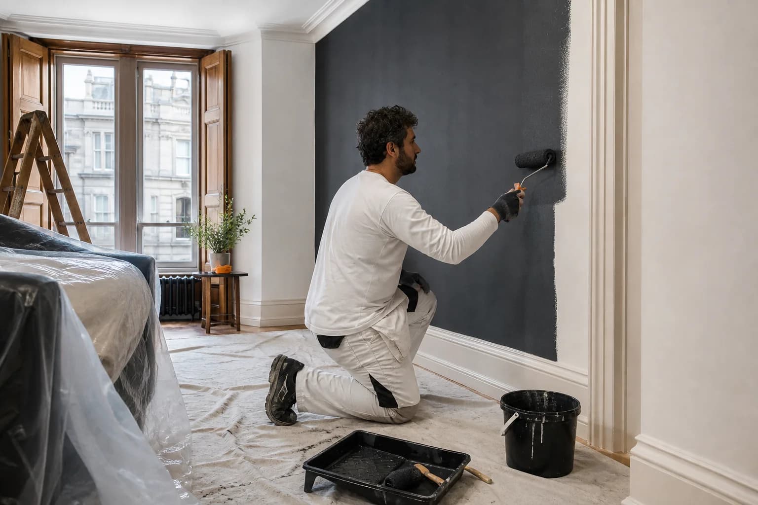 A decorator applying a precise charcoal finish in a protected Glasgow room
