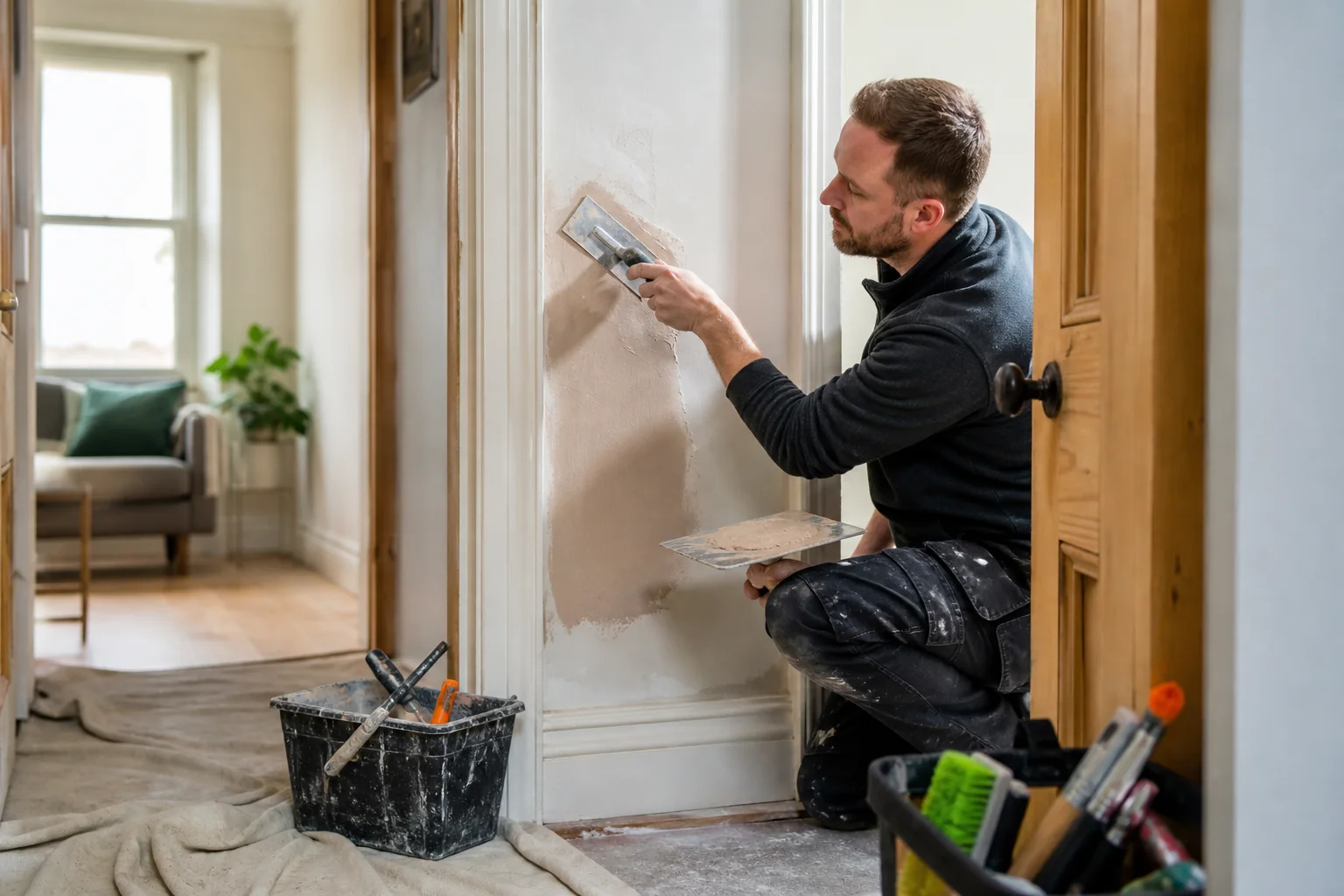 A property professional making a careful plaster repair beside a doorway